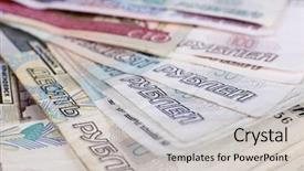  Presentation with education russian languages - Audience pleasing slide deck consisting of economic fluctuations - pile of russian roubles closeup backdrop and a light gray colored foreground