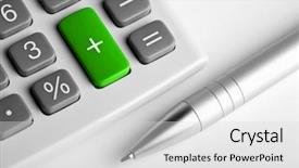  Presentation with calculator - Colorful slides enhanced with economic growth - calculator and pen plus button backdrop and a light gray colored foreground