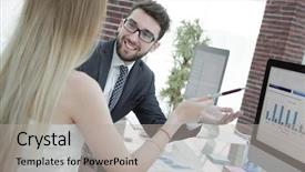  Presentation with financial - Slide set enhanced with economic intelligence - business colleagues discussing financial documents background and a light gray colored foreground