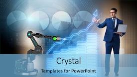  Presentation with robotic arm - Slide deck with economic intelligence - businessman in business concept background and a light blue colored foreground