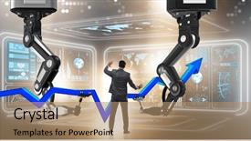  Presentation with robotic arm - Presentation theme enhanced with economic intelligence - businessman in business concept background and a coral colored foreground