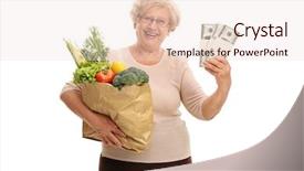  Presentation with bag - Amazing PPT theme having economic intelligence - mature lady holding a bag backdrop and a lemonade colored foreground