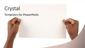  Presentation with cutout paper people standing around globe holding hands - Beautiful PPT theme featuring economic searching - male hands holding sheet backdrop and a pink colored foreground