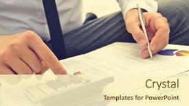  Presentation with calculator - Cool new theme with economics - closeup of a young man backdrop and a cream colored foreground