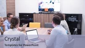  Presentation with young business people - Colorful slide deck enhanced with economics - group of a young business backdrop and a light blue colored foreground