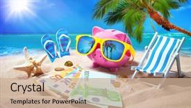  Presentation with summer holiday - Audience pleasing presentation design consisting of economics - piggy bank with sunglasses relax backdrop and a soft green colored foreground