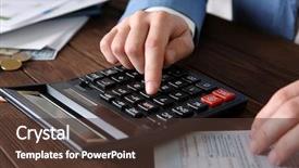  Presentation with calculator - Presentation theme with economics balance payments - man sitting at table background and a tawny brown colored foreground