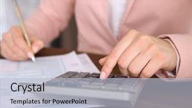  Presentation with forensic science document examination - Presentation theme consisting of economics balance payments - woman sitting at table background and a  colored foreground