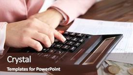  Presentation with calculator - Presentation theme enhanced with economics balance payments - woman sitting at table background and a  colored foreground