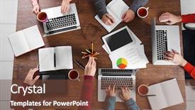  Presentation with economics - Slide set featuring economics book - business meeting at the table background and a  colored foreground