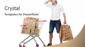  Presentation with supermarket - Audience pleasing theme consisting of economics consumer choices - man running out of money backdrop and a  colored foreground