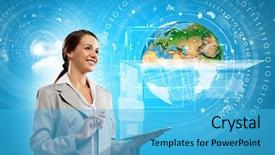  Presentation with tablet - Colorful PPT theme enhanced with economics economics download - young businesswoman with tablet pc backdrop and a  colored foreground