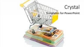  Presentation with economics policy - Slide set featuring economics monetary policy - shopping cart is on banknotes background and a  colored foreground