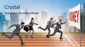  Presentation with joint venture crowdfunding money business - Colorful theme enhanced with economics sport - business people running towards money backdrop and a light blue colored foreground