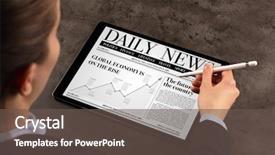  Presentation with news - Presentation enhanced with economics sport - business woman reading news background and a dark gray colored foreground