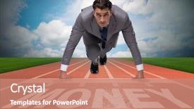  Presentation with college running track hurdle - Theme enhanced with economics sport - businessman running towards money background and a coral colored foreground