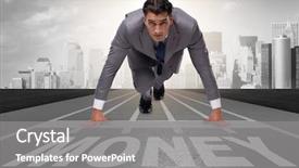  Presentation with athlete track or running track - Slide deck consisting of economics sport - businessman running towards money background and a gray colored foreground
