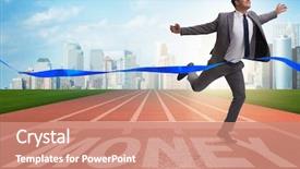  Presentation with running track lanes - Theme featuring economics sport - businessman running towards money background and a  colored foreground