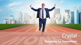  Presentation with running - Colorful slide deck enhanced with economics sport - businessman running towards money backdrop and a coral colored foreground