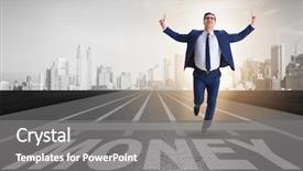  Presentation with running - PPT theme having economics sport - businessman running towards money background and a gray colored foreground