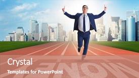  Presentation with financial money market - Beautiful PPT theme featuring economics sport - young businessman chasing money backdrop and a  colored foreground