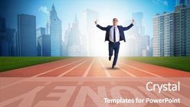  Presentation with financial - PPT theme with economics sport - young businessman chasing money background and a coral colored foreground