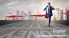  Presentation with financial money market - Colorful presentation design enhanced with economics sport - young businessman chasing money backdrop and a gray colored foreground