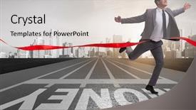  Presentation with financial - PPT theme featuring economics sport - young businessman chasing money background and a light gray colored foreground