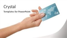  Presentation with credit card icon - Theme having consumer spending money economy - woman's hand holding credit card background and a white colored foreground