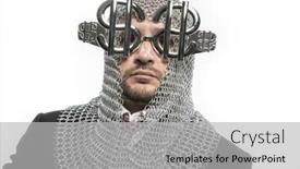  Presentation with economy - PPT theme featuring economy businessman with medieval executioner in metal and silver glasses concept of protection of savings and money background and a light gray colored foreground