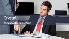  Presentation with economy - Beautiful slide deck featuring economy concentartion - businesspeople calculating finances at desk backdrop and a tawny brown colored foreground