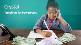  Presentation with paper heart book - Beautiful slide deck featuring economy concentartion - businesswoman using phone while writing backdrop and a teal colored foreground