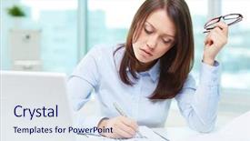  Presentation with statistics - Slide set consisting of economy concentartion - busy businesswoman analyzing corporate statistics background and a sky blue colored foreground