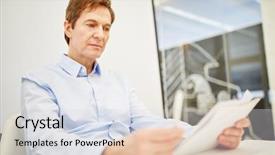  Presentation with strategy plan - Presentation design having economy concentartion - chief executive reads notes background and a  colored foreground