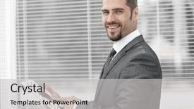  Presentation with economy - PPT theme featuring economy concentartion - closeup businessman with tablet computer background and a light gray colored foreground
