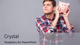  Presentation with piggy bank - Slide deck enhanced with economy concentartion - concentrated handsome man in checkered background and a light gray colored foreground