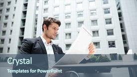  Presentation with newspaper - Presentation theme having economy concentartion - concentrated young businessman reading newspaper background and a ocean colored foreground