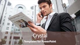  Presentation with cell - Beautiful slide set featuring economy concentartion - concentrated young businessman talking backdrop and a violet colored foreground