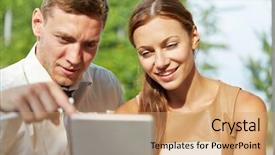  Presentation with young business people - Slide deck having economy concentartion - two young business people working background and a coral colored foreground