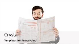 Presentation with office newspaper - Slide set with economy concentartion - young businessman reading newspaper background and a light gray colored foreground