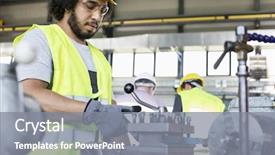  Presentation with machinery - Presentation design featuring economy concentartion - young manual worker operating machinery background and a  colored foreground