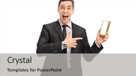  Presentation with white gold - Cool new PPT theme with ecstatic businessman holding a gold backdrop and a light gray colored foreground