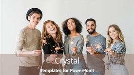  Presentation with party lights - Audience pleasing presentation consisting of ecstatic intercultural guys and girls with bengal lights enjoying new year home party while standing in front of camera backdrop and a coral colored foreground