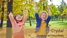  Presentation with leaves falling - Slide set consisting of ecstatic little friends playing with falling leaves in park background and a yellow colored foreground