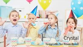  Presentation with birthday party - PPT theme having ecstatic little friends with whistles background and a lemonade colored foreground