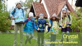  Presentation with school wifi - Cool new PPT layouts with ecstatic schoolkids jumping on background backdrop and a tawny brown colored foreground