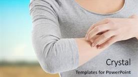  Presentation with young woman diagnosis of sti - Theme with eczema - young woman is scratching herself background and a light gray colored foreground