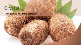  Presentation with green leaves - Theme consisting of eddoe-or-taro-tubers background and a coral colored foreground
