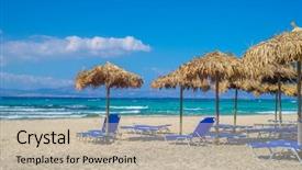  Presentation with crete island - Theme consisting of beach background with straw sunshades background and a teal colored foreground