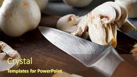  Presentation with cutting board - PPT theme having edible-mushrooms-and-kitchen-knife background and a tawny brown colored foreground